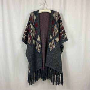 Geometric Pattern Multicolored Knit Fringe Open Front Cardigan Poncho Shawl